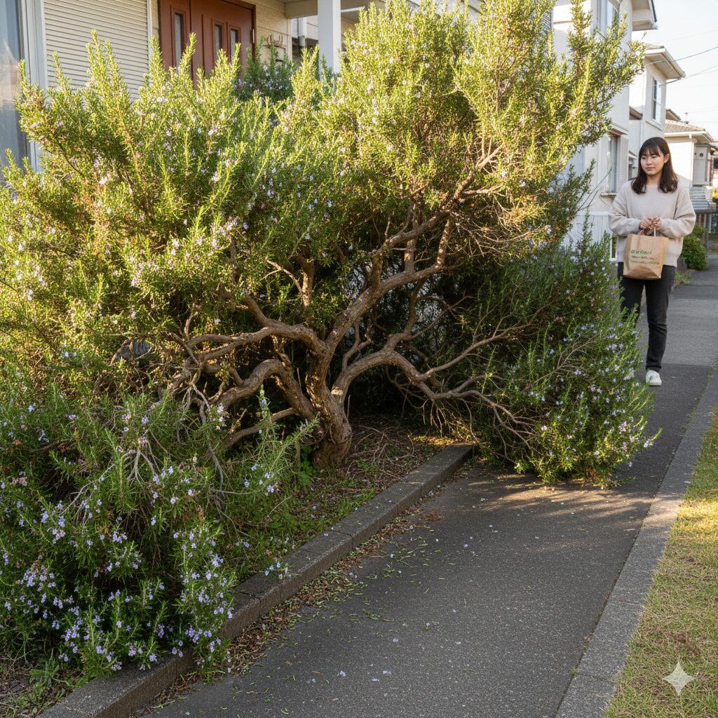 ローズマリー 地植え 注意　成長速度が早く巨大化して玄関前の通路を塞いでしまった地植えのローズマリー