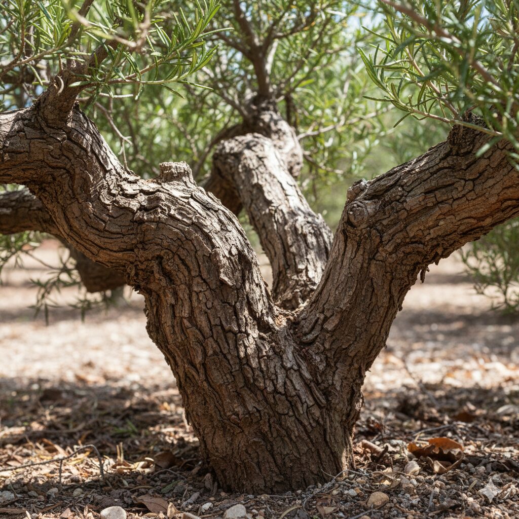 ローズマリー 地植え 注意　年数が経過して茶色く木質化し太くなったローズマリーの幹と樹皮