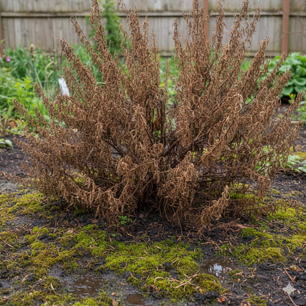 ローズマリー 地植え 注意　排水不良による根腐れが原因で茶色く立ち枯れした地植えのローズマリー