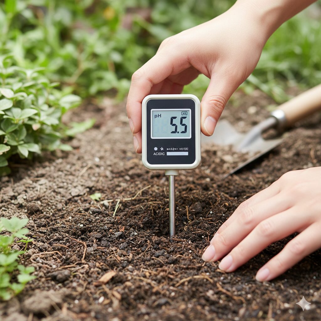 ローズマリー 地植え 注意　ローズマリーの植え付け前に土壌酸度計で酸性の数値を測定している様子