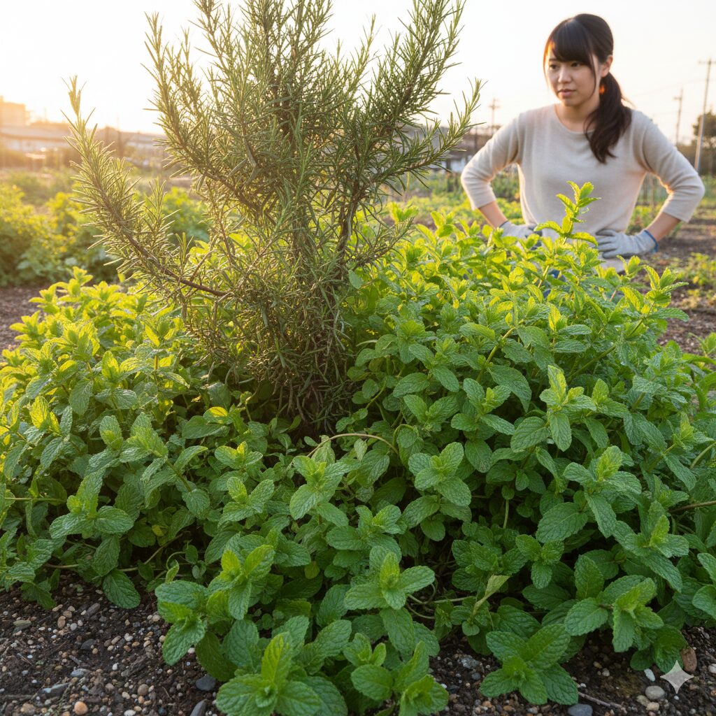 ローズマリー 地植え 注意　繁殖力の強いミントがローズマリーの領域を侵食している相性の悪い寄せ植え