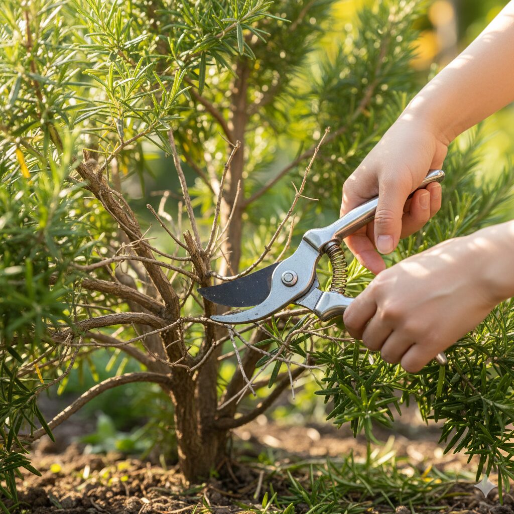 ローズマリー 地植え 注意　蒸れを防ぐためにローズマリーの株内部を透かし剪定している作業の様子