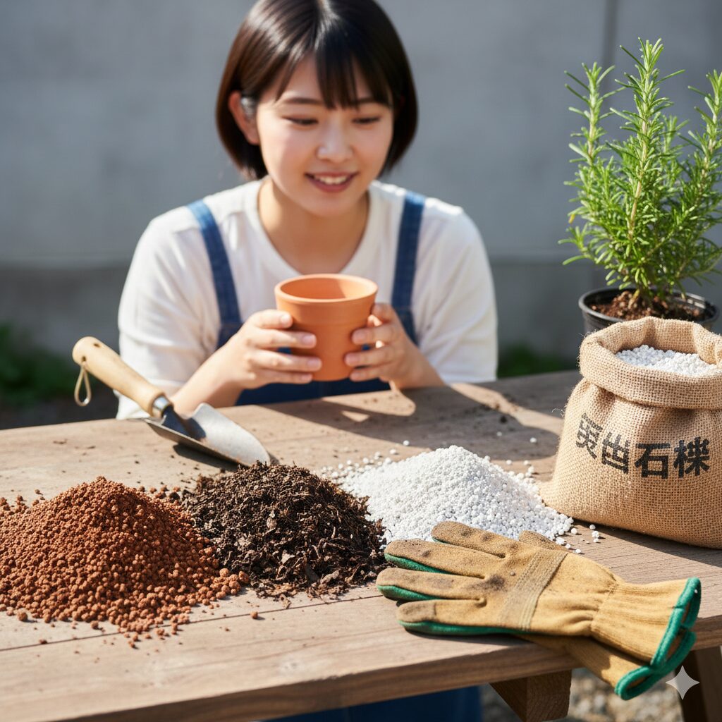 ローズマリー 地植え 注意　ローズマリーの地植え用土作りに必要な赤玉土や苦土石灰などの改良資材