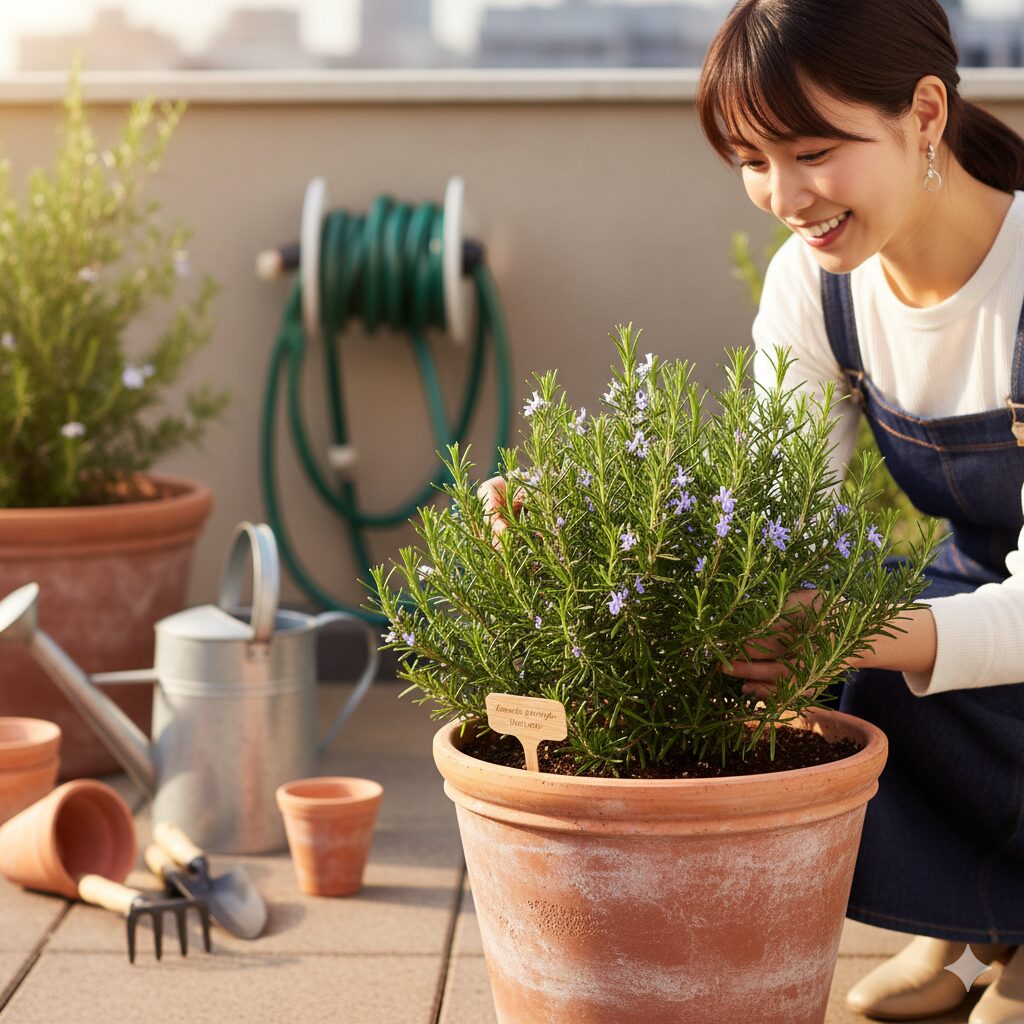 ローズマリー 庭 おしゃれ　乾燥を好むローズマリーの栽培に適した通気性の良いテラコッタ鉢の寄せ植え