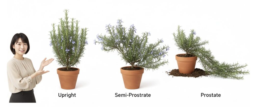 ローズマリー 庭 おしゃれ　ローズマリーの樹形比較：垂直に伸びる立性と地面を這う匍匐性の違い