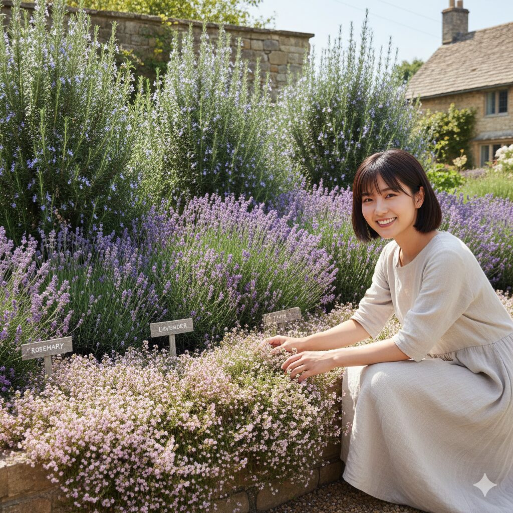 ローズマリー 庭 おしゃれ　庭に立体感を出すローズマリーとラベンダーを組み合わせたボーダー植栽のレイアウト実例