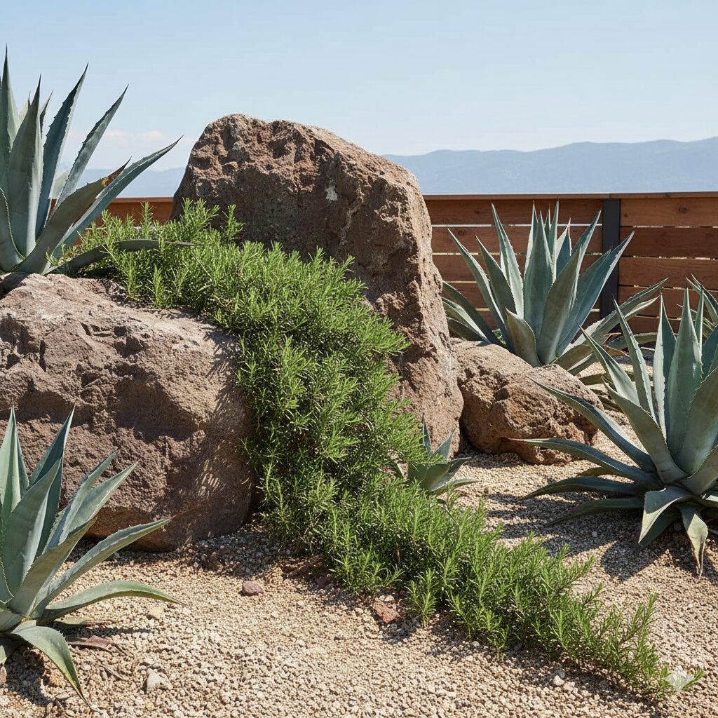 ローズマリー 庭 おしゃれ　ドライガーデンの演出：大きな自然石の隙間に植えられたローズマリーとアガベ