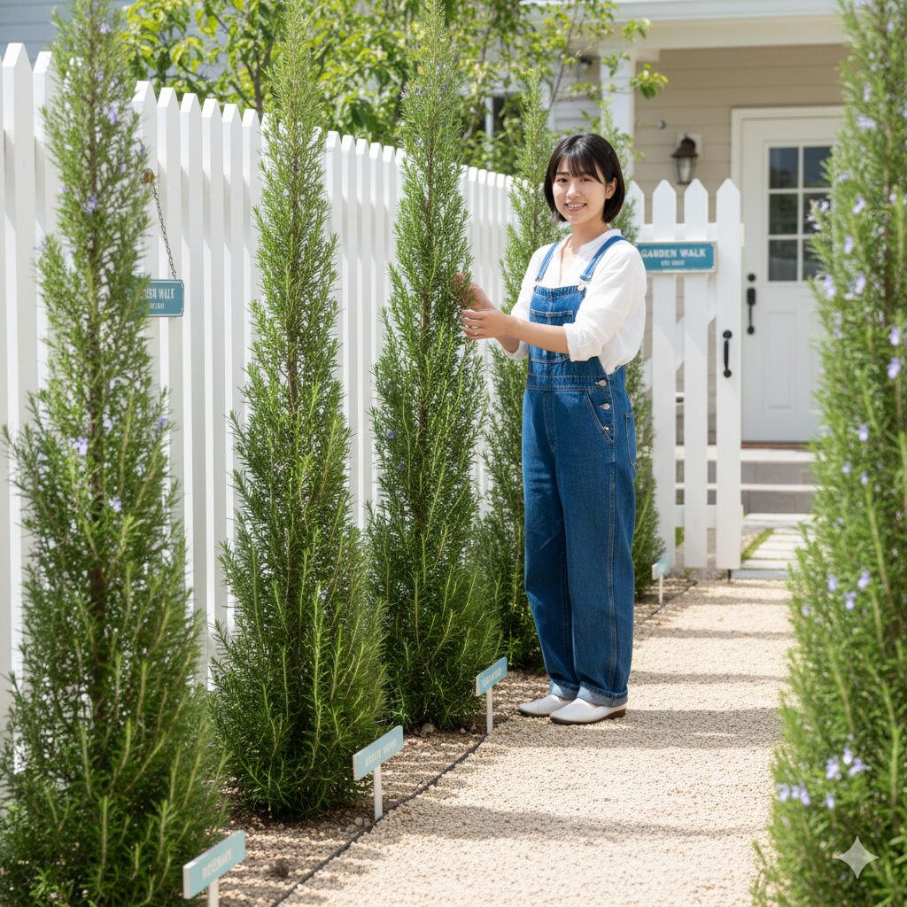 ローズマリー 庭 おしゃれ　フェンス沿いに列植され自然な目隠しとして機能する立性ローズマリーの生垣