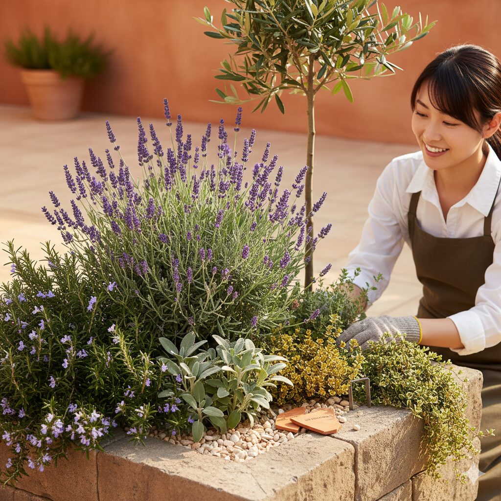 ローズマリー 庭 おしゃれ　ローズマリーと相性の良いラベンダーやオリーブを組み合わせたおしゃれな混植花壇