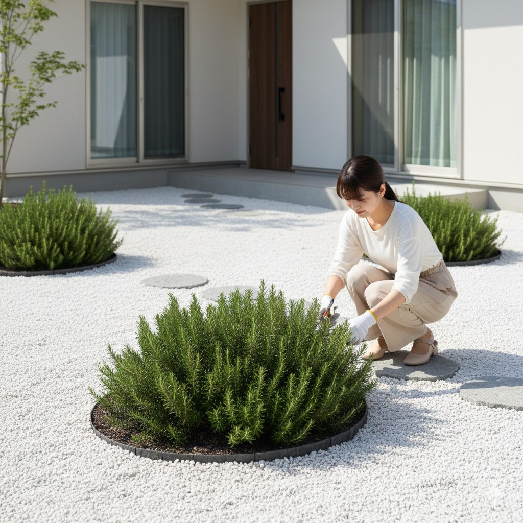 ローズマリー 庭 おしゃれ　防草シートと化粧砂利を組み合わせたモダンで手入れが楽なローズマリーの庭