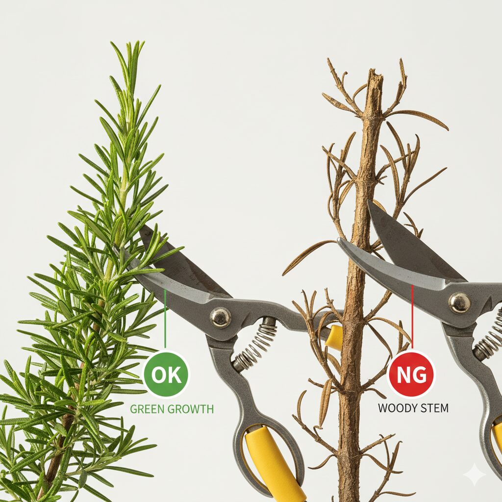 ローズマリー 庭 おしゃれ　ローズマリーの剪定位置図解：木質化を防ぎ枯らさないための正しい切り方