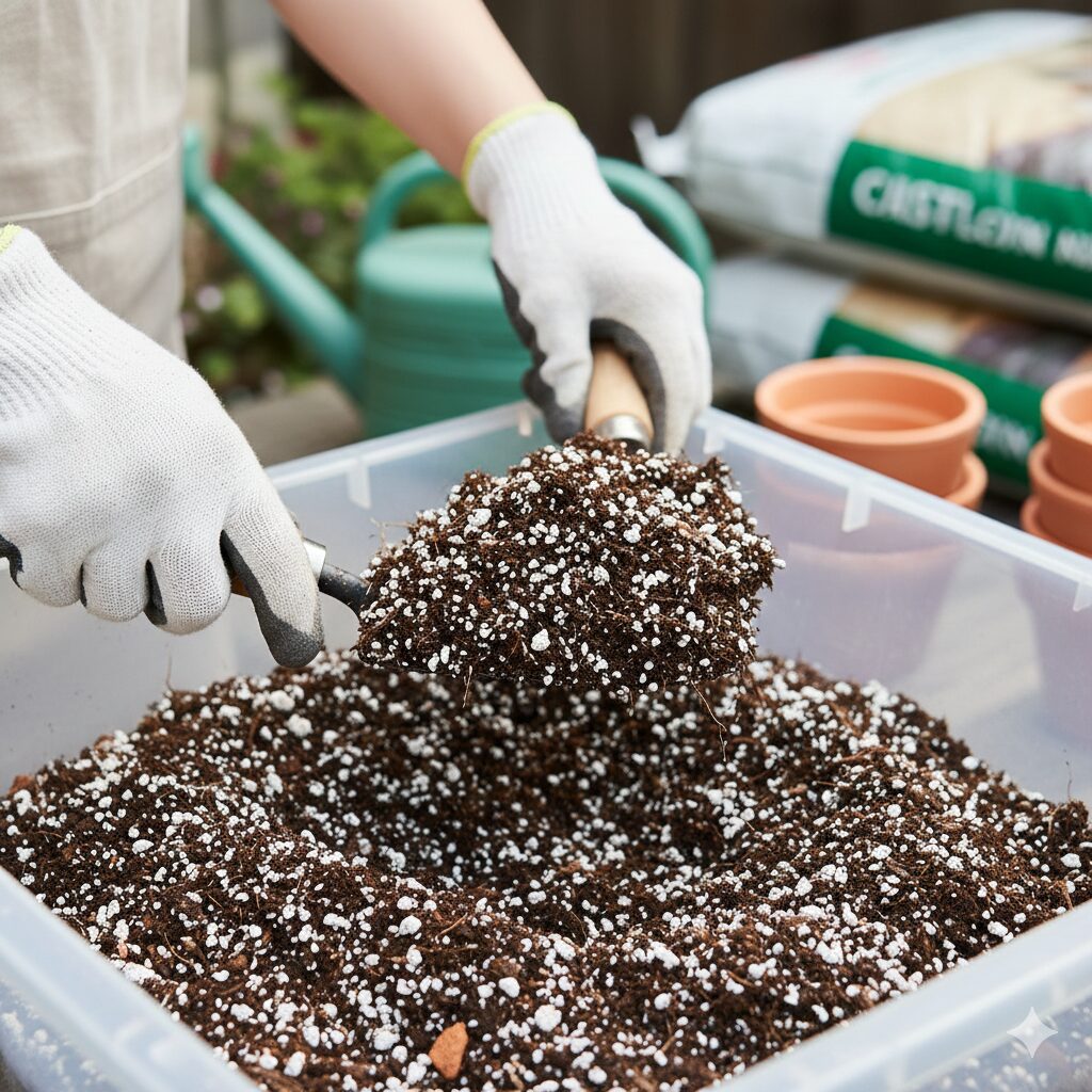 ローズマリー 庭 おしゃれ　ローズマリーの根腐れを防ぐために軽石やパーライトを混ぜて排水性を高めた培養土