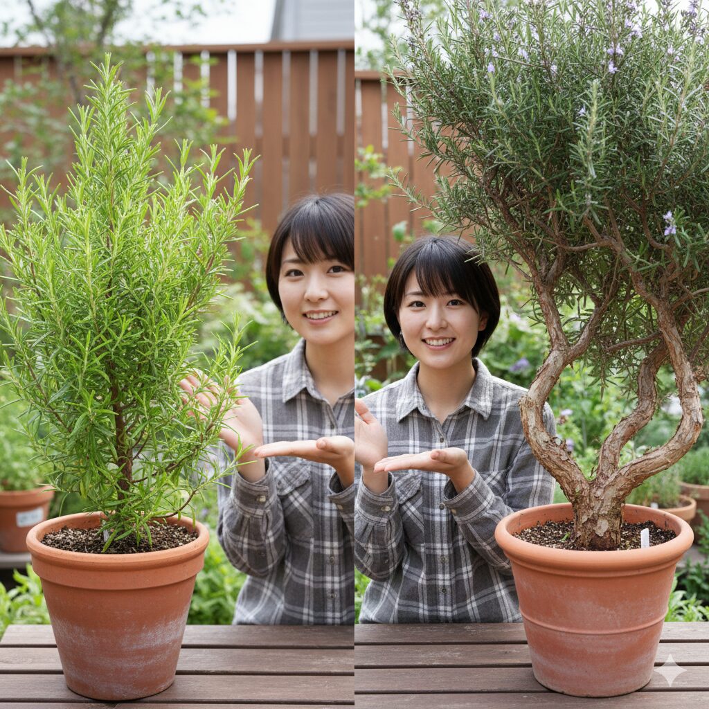 ローズマリー木質化したら　若い緑色のローズマリー（左）と成長して株元が木質化したローズマリー（右）の比較写真