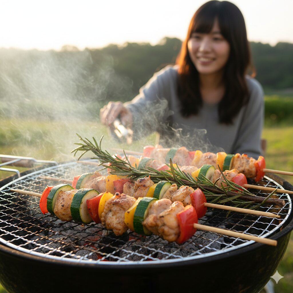 ローズマリー木質化したら　木質化した太いローズマリーの枝を串として活用し、肉や野菜をバーベキューで焼いている様子