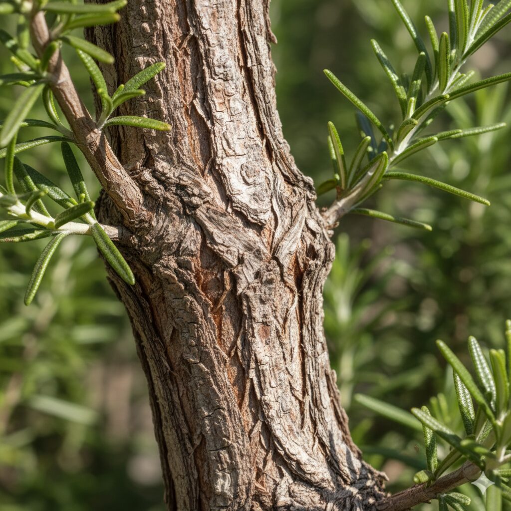 ローズマリー木質化したら　ローズマリーの茎に見られる木質化の様子。リグニンが蓄積し樹皮が形成された健康な茎の拡大写真