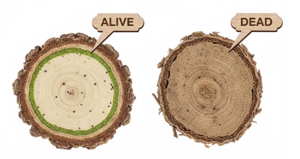 ローズマリー木質化したら　ローズマリーの生死を見分ける枝の断面図。樹皮の内側に見える緑色の輪（形成層）は生きている証拠