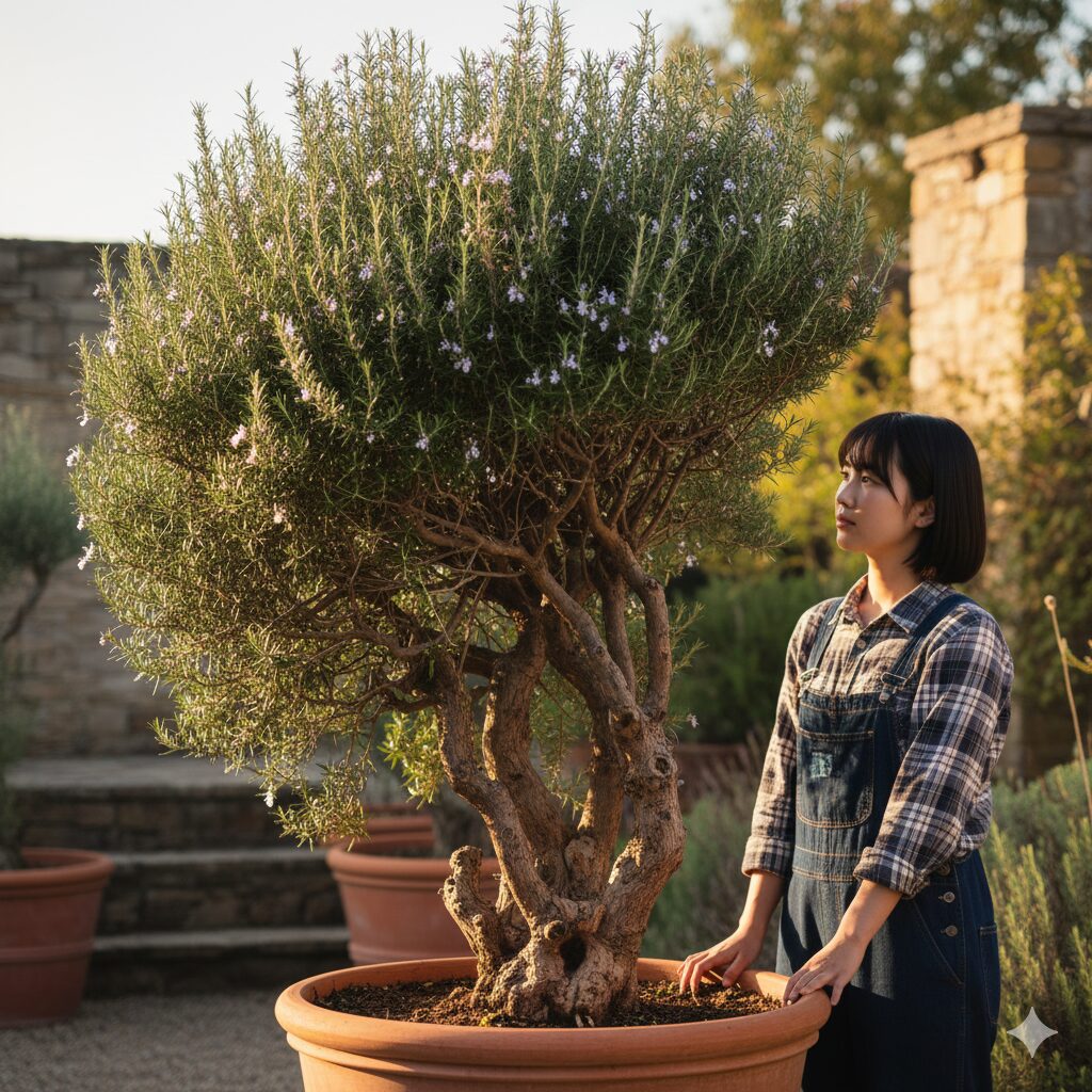 ローズマリー木質化したら　木質化が進み株元の下葉が落ちて枝だけになり、上部のみに葉が残っているローズマリーの状態