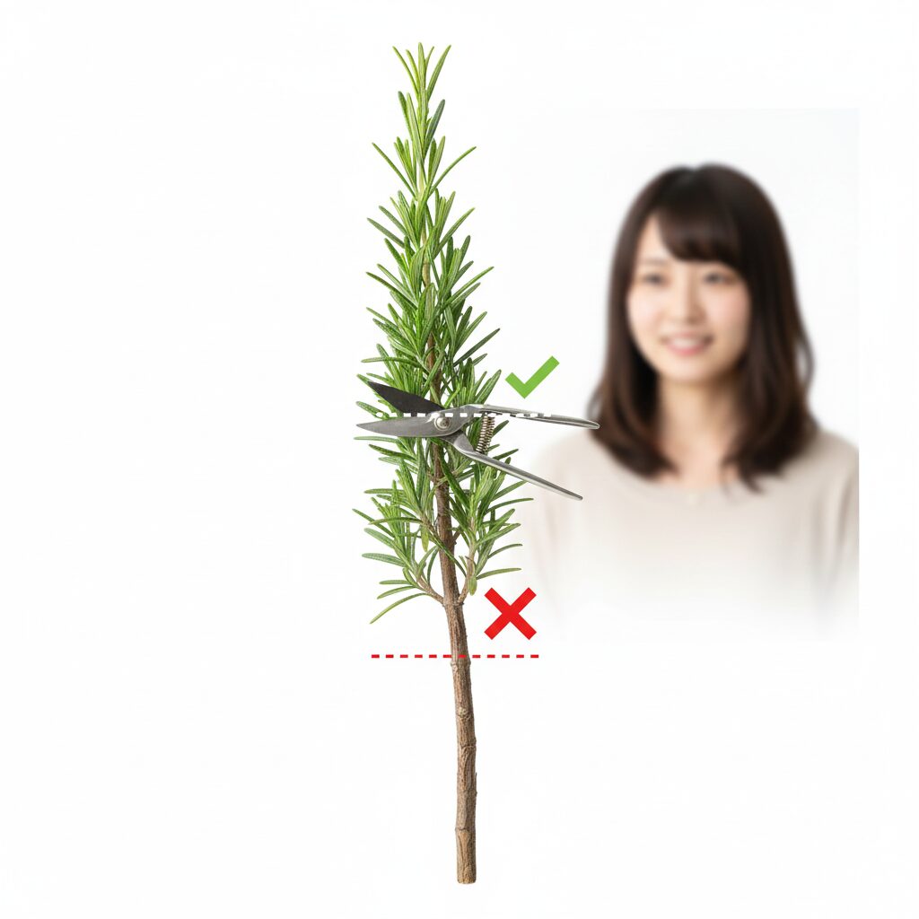 ローズマリー木質化したら　ローズマリー剪定の基本ルール。木質化した部分ではなく必ず緑色の葉を残して切る位置を示した図解