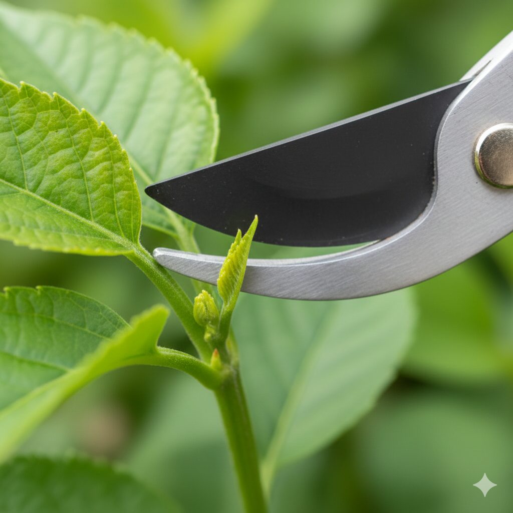 ローズマリー木質化したら　ローズマリーの剪定ポイント。葉の付け根にある小さな脇芽のすぐ上で切るためのハサミの位置