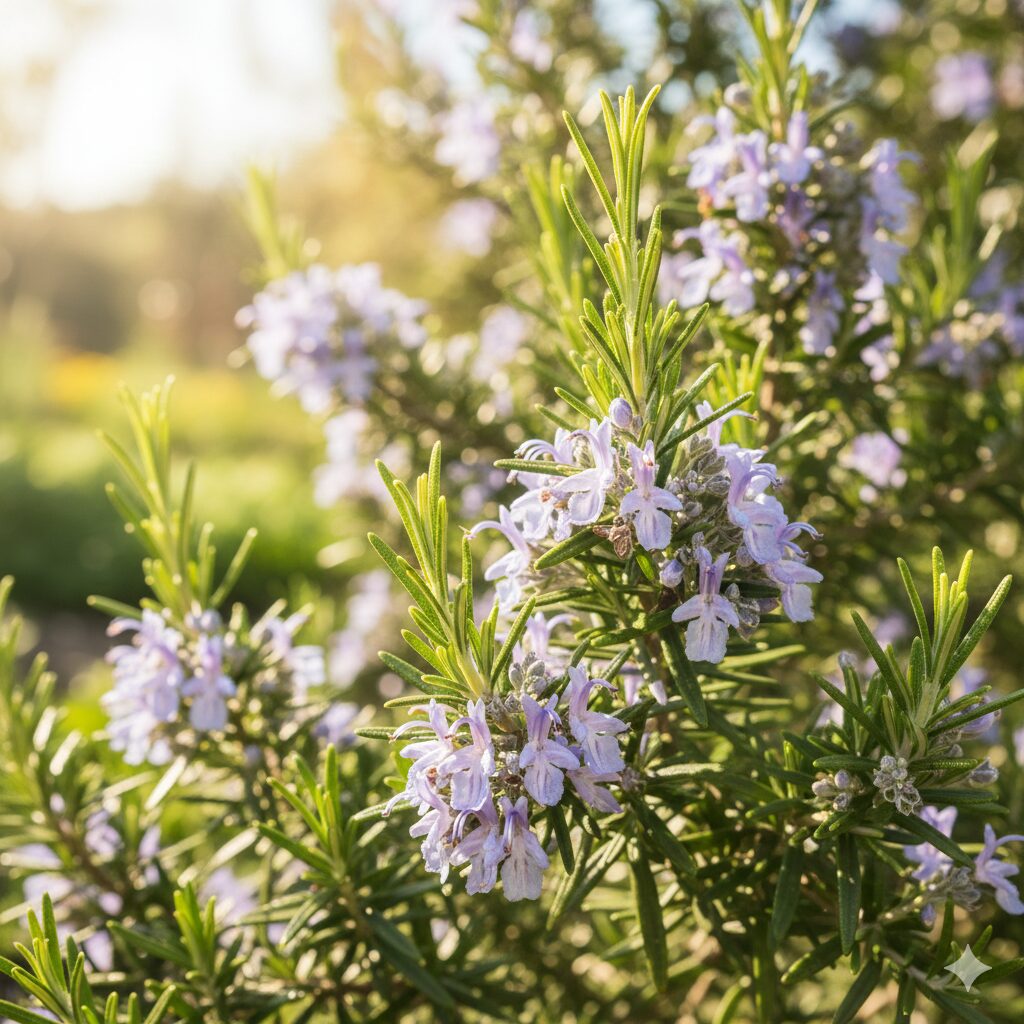 ローズマリー木質化したら　春の日差しの中で青い花を咲かせ新芽を伸ばす、剪定適期の元気なローズマリー