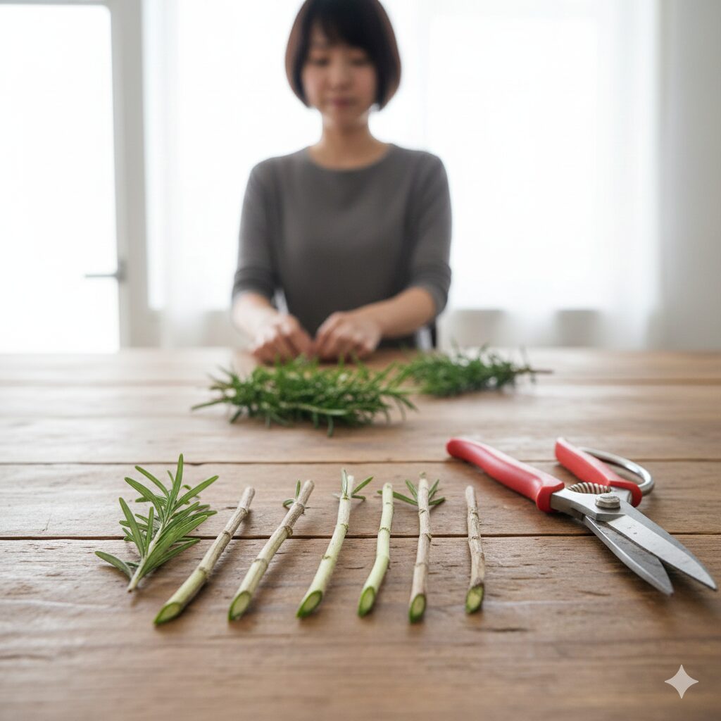 ローズマリー木質化したら　挿し木用に下葉を取り除き切り口を斜めにカットして調整されたローズマリーの挿し穂