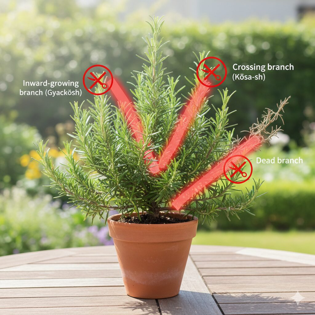 ローズマリー木質化したら　ローズマリーの透かし剪定で根元から切るべき不要枝（逆行枝・交差枝・枯れ枝）の図解