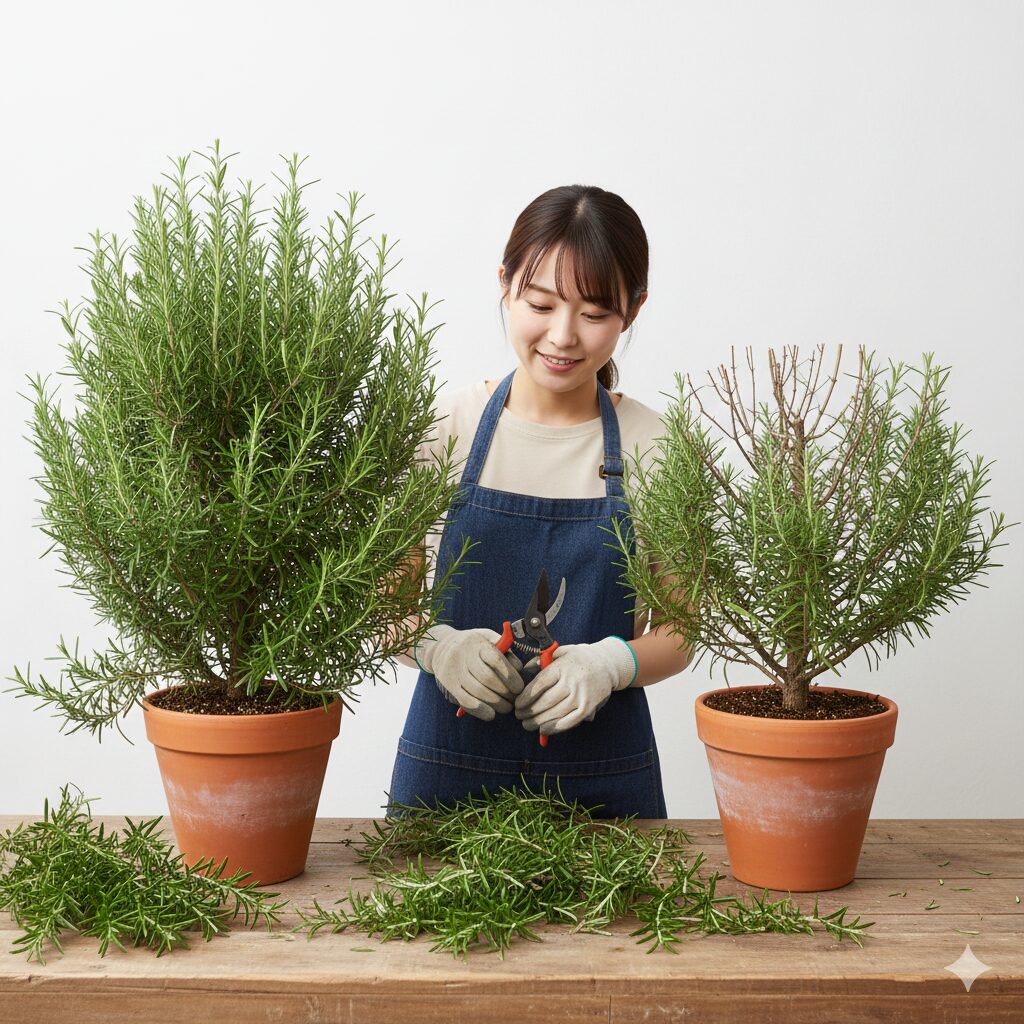 ローズマリー植え替え時期　植え替え時のローズマリー剪定作業。根の負担を減らすため、枝葉を透かしてボリュームを調整している様子。