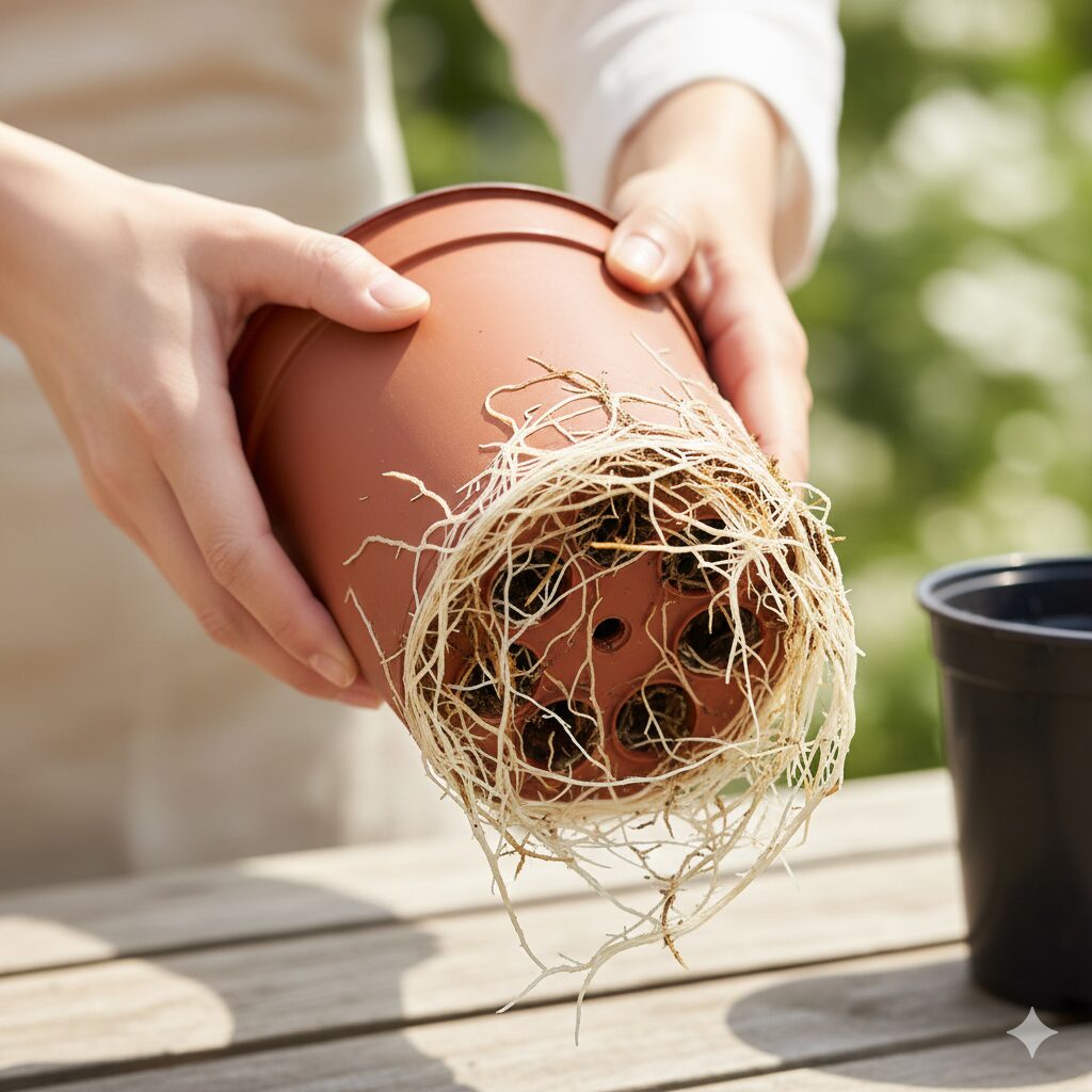 ローズマリー植え替え時期　ローズマリーの根詰まりサイン。鉢底の穴から根が密集して飛び出している様子。