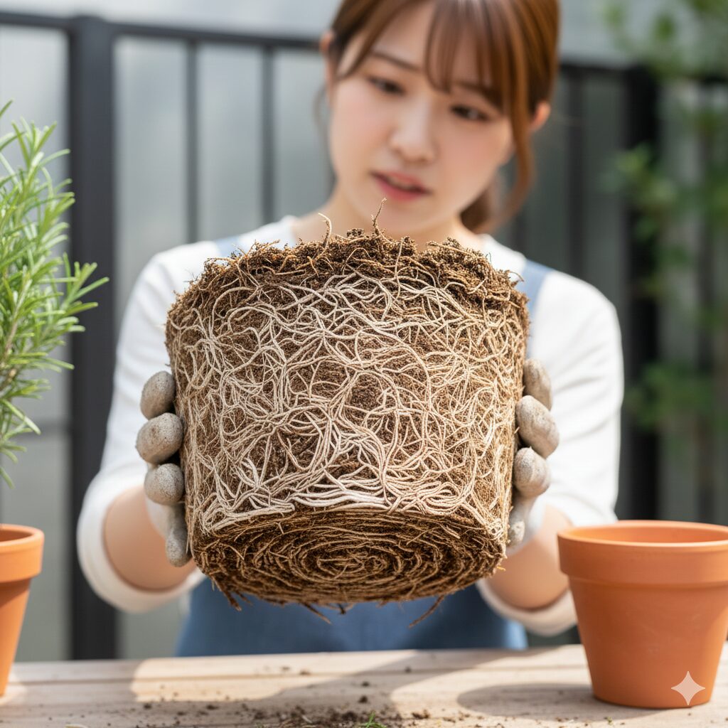 ローズマリー植え替え時期　深刻な根詰まりを起こしたローズマリーの根鉢。根が回って固まり、土が見えない状態。