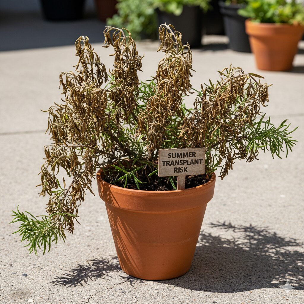 ローズマリー植え替え時期　真夏の植え替え失敗例。高温と水切れで枯れてしまったローズマリーの様子。