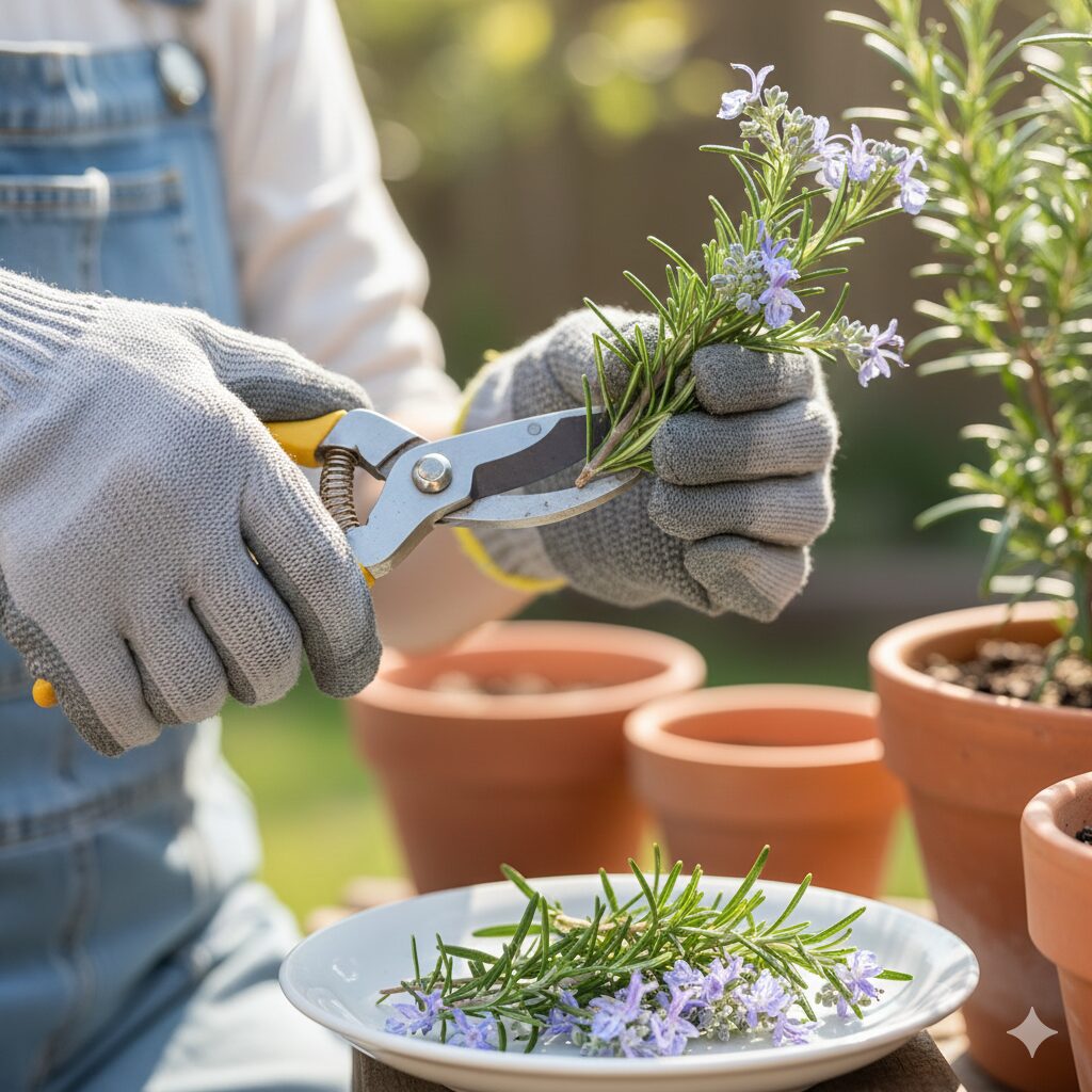 ローズマリー植え替え時期　植え替え前にローズマリーの花と蕾を剪定ばさみで切り落としている作業風景。