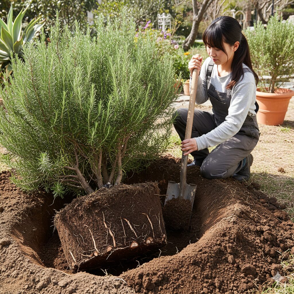 ローズマリー植え替え時期　地植えローズマリーの移植準備。スコップで株の周囲の根を切る「根回し」作業の様子。