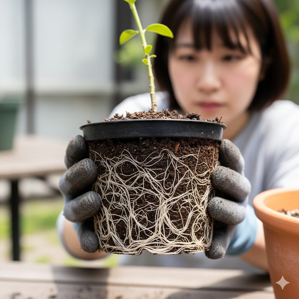 ローズマリー植え替え時期　鉢上げに最適なタイミングを迎えたローズマリー挿し木苗の発根状態。白い根が十分に伸びている。
