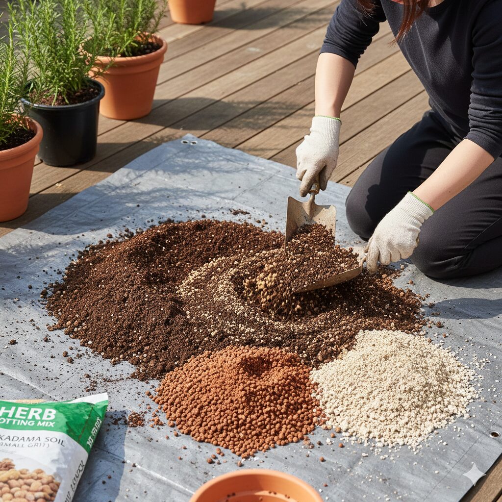 ローズマリー植え替え時期　ローズマリー植え替え用の土作り。ハーブ培養土に赤玉土と軽石を混ぜ合わせて水はけを良くしている様子。