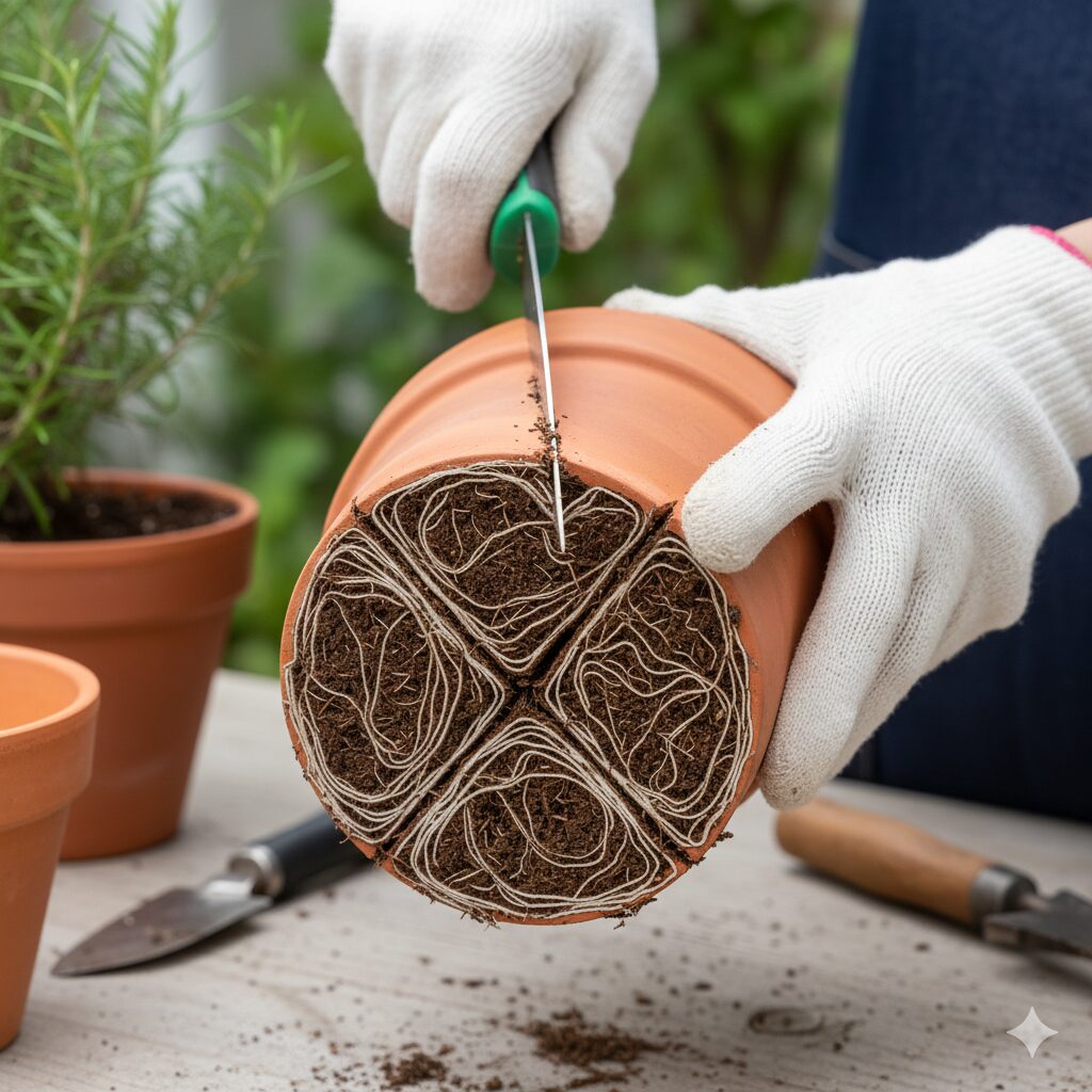 ローズマリー植え替え時期　根詰まりしたローズマリーの根鉢底面に、ナイフで十字切開を入れている作業の様子。