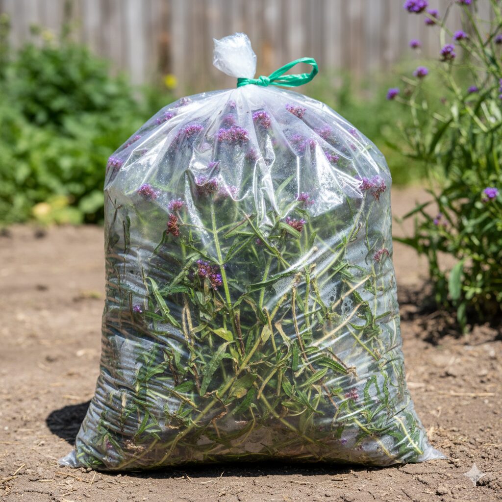 三 尺 バーベナ 増え すぎ10　駆除した三尺バーベナの株を密閉したビニール袋に入れ、直射日光に当てて枯死させている様子。