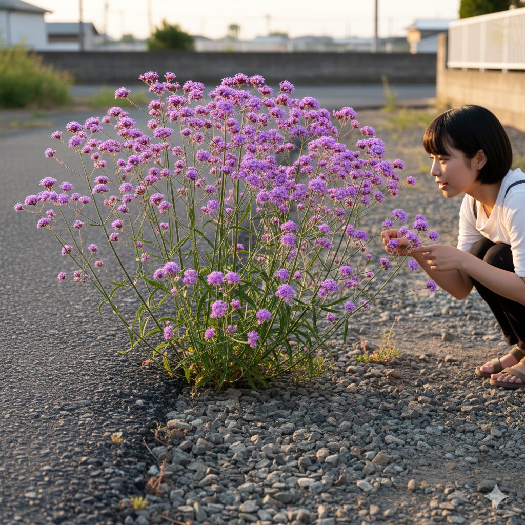 三 尺 バーベナ 増え すぎ2　アスファルトの隙間や砂利道から発芽し、たくましく花を咲かせる三尺バーベナの驚異的な繁殖力。