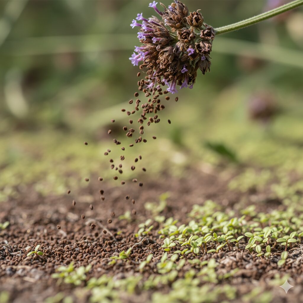 三 尺 バーベナ 増え すぎ3　三尺バーベナの熟した種子が風で飛散し、地面に落ちて密集して発芽している様子。