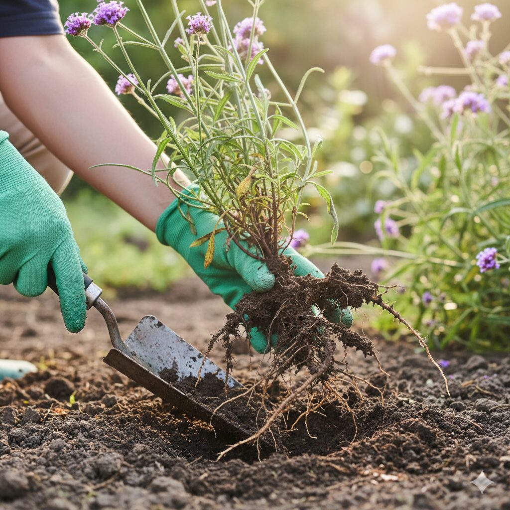 三 尺 バーベナ 増え すぎ4　スコップを使って、雨上がりの湿った土から三尺バーベナの太い根を根こそぎ掘り上げている様子。