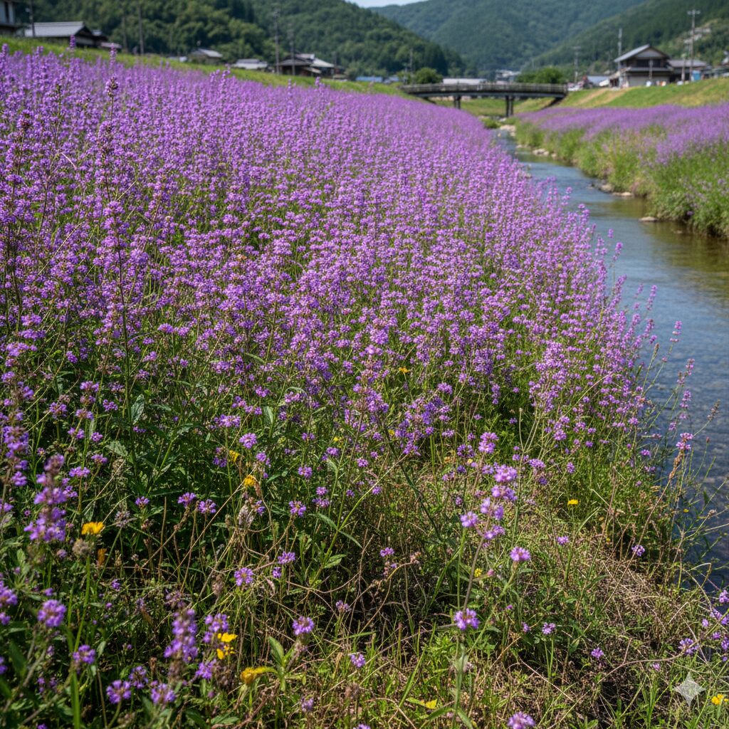 三 尺 バーベナ 増え すぎ5　河川敷で野生化し、在来種の植物を覆い隠すように群生する三尺バーベナの様子。