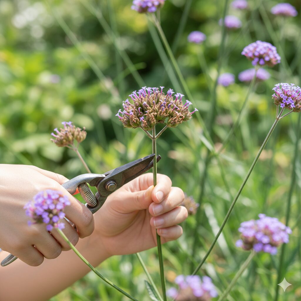 三 尺 バーベナ 増え すぎ6　種ができるのを防ぐため、三尺バーベナの花が終わりかけたタイミングで花殻を剪定ばさみで摘み取っている様子。