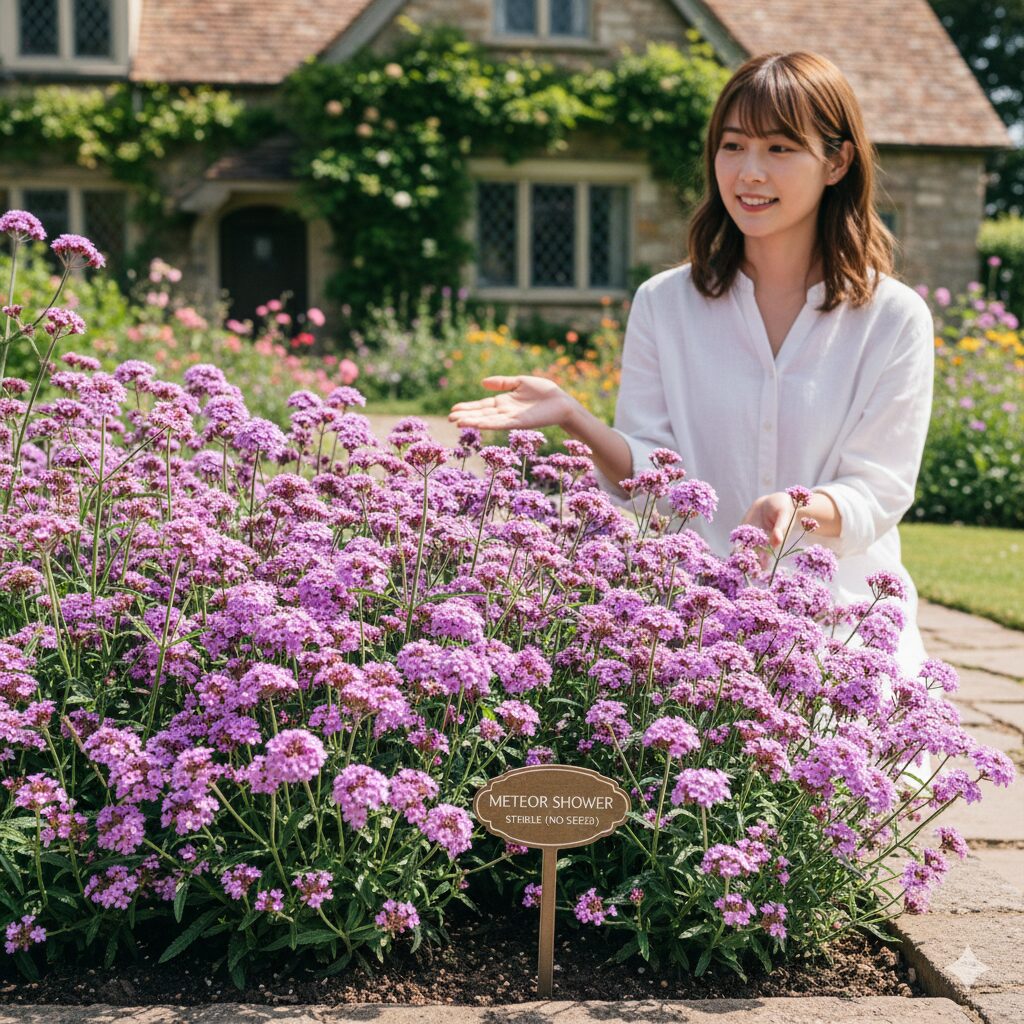 三 尺 バーベナ 増え すぎ7　草丈がコンパクトで倒れにくい三尺バーベナの不稔性改良品種「メテオシャワー」が花壇で美しく咲いている様子。