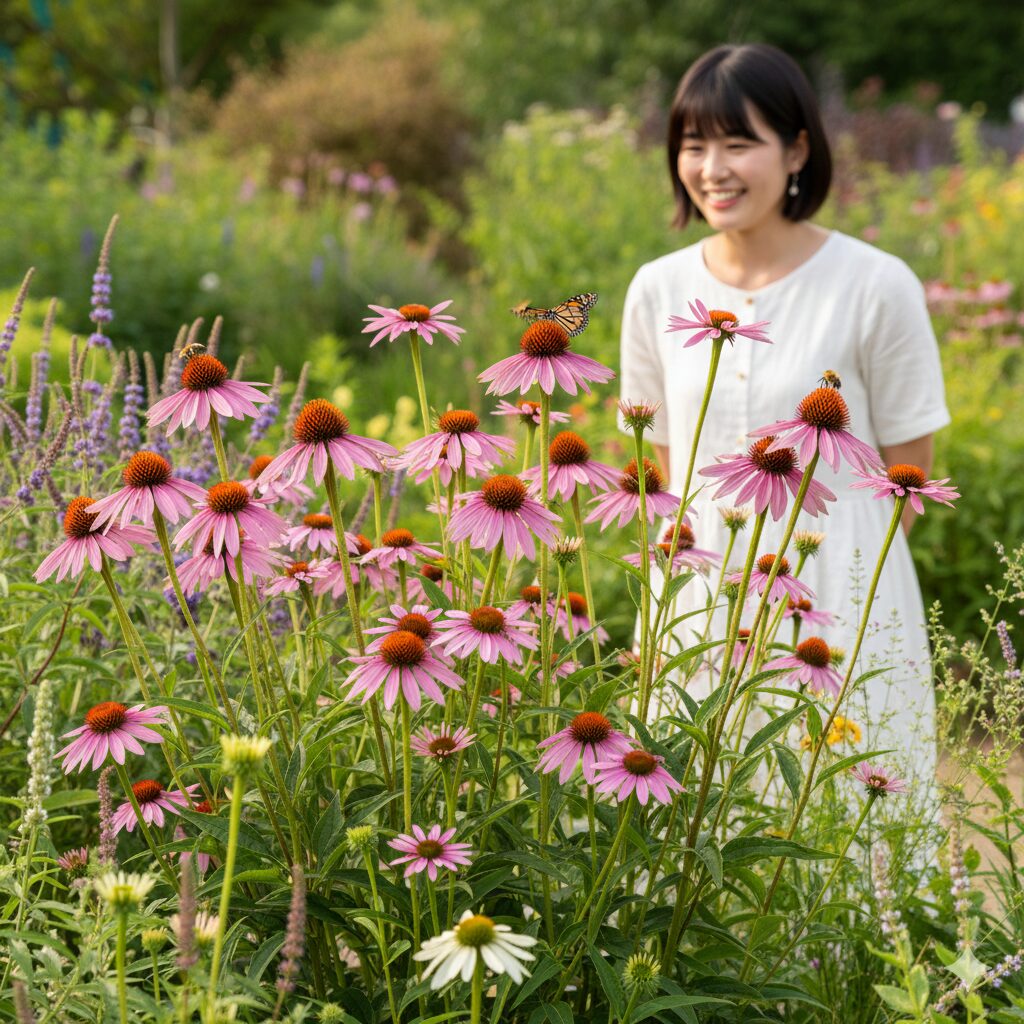 三 尺 バーベナ 増え すぎ8　三尺バーベナの代わりとして庭に植えられ、ミツバチが訪れる紫色のエキナセアの花。