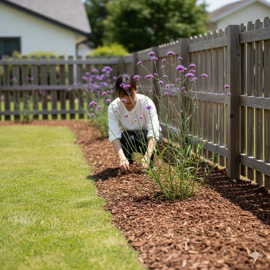 三 尺 バーベナ 増え すぎ9　隣家への種子飛散を防ぐため、境界線から離して植えられ、株元がマルチングされた三尺バーベナ。