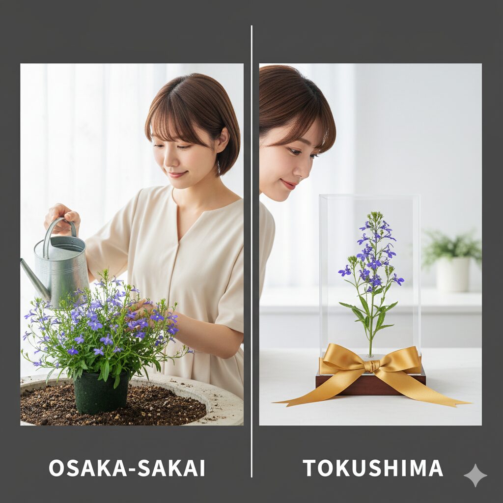 園芸店 ロベリア 通販2　大阪の園芸店ロベリア（生花苗）と徳島のロベリア（プリザーブドフラワー）の取り扱い商品の違い比較図