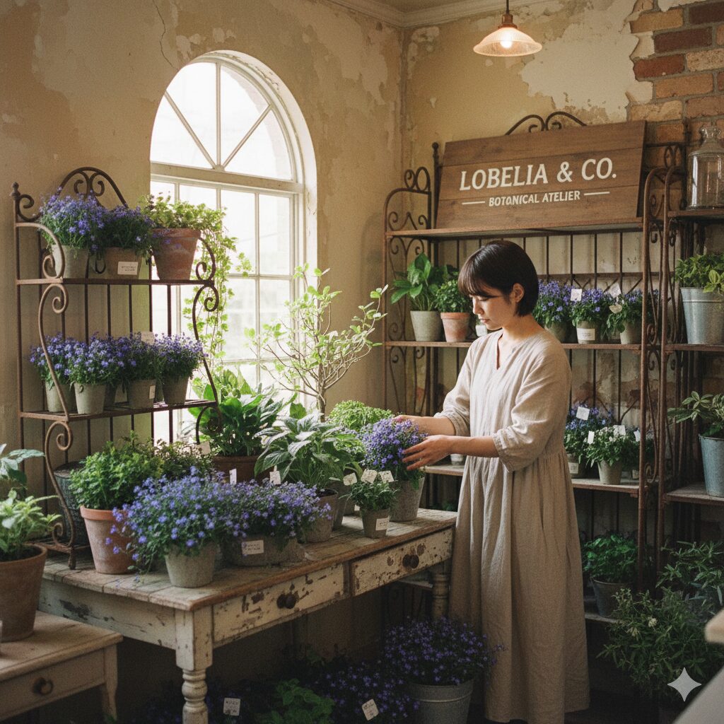 園芸店 ロベリア 通販3　堺市ロベリアの店内にディスプレイされたアンティーク雑貨とこだわりのテラコッタ鉢