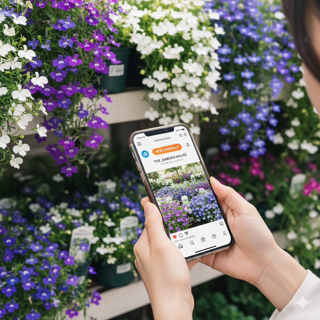 園芸店 ロベリア 通販4　園芸店ロベリアの公式Instagramでビオラの入荷通知を確認するスマートフォンの画面
