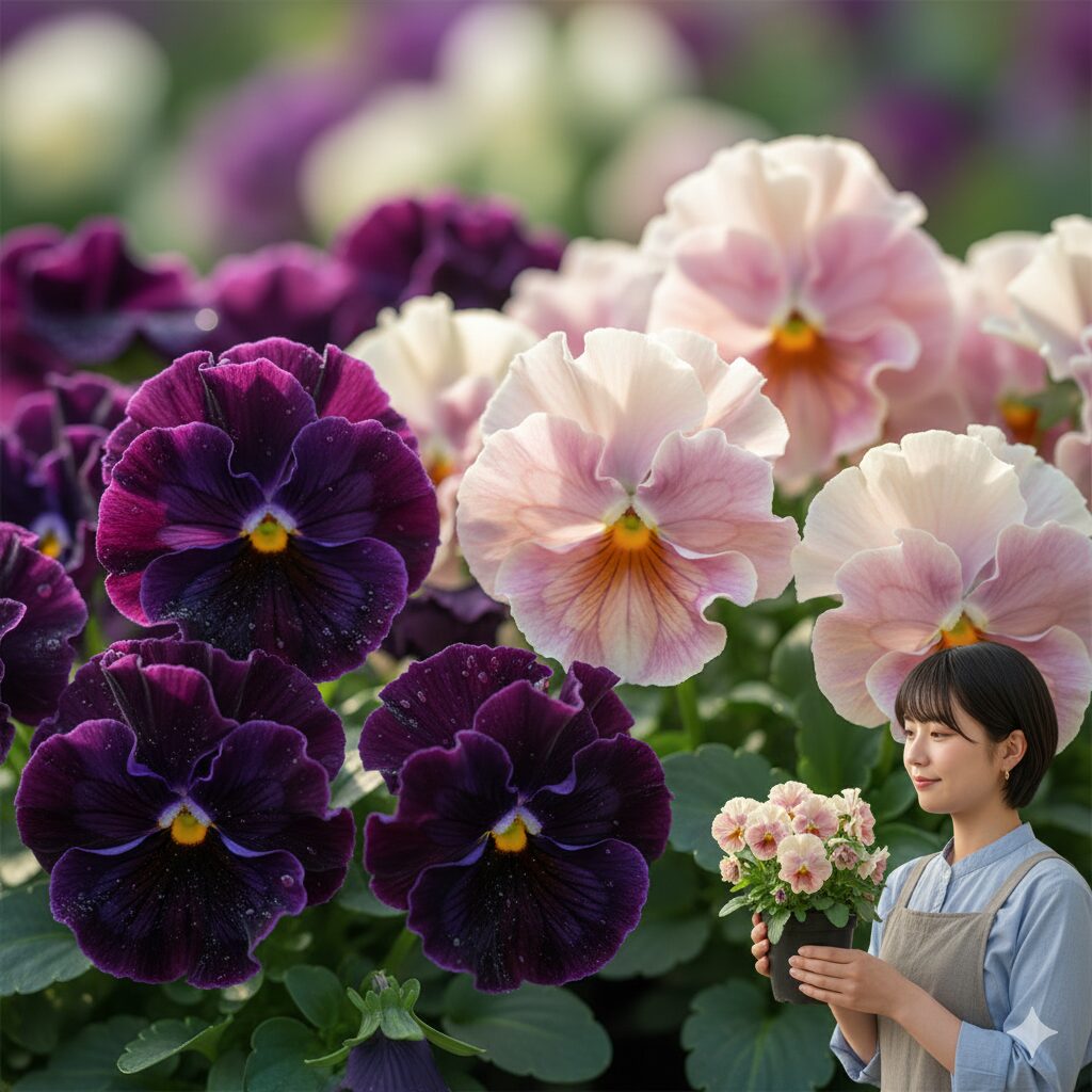 園芸店 ロベリア 通販7　ロベリアで販売される希少品種「ドラキュラ」や「アントワネット」のようなフリル咲きビオラの詳細