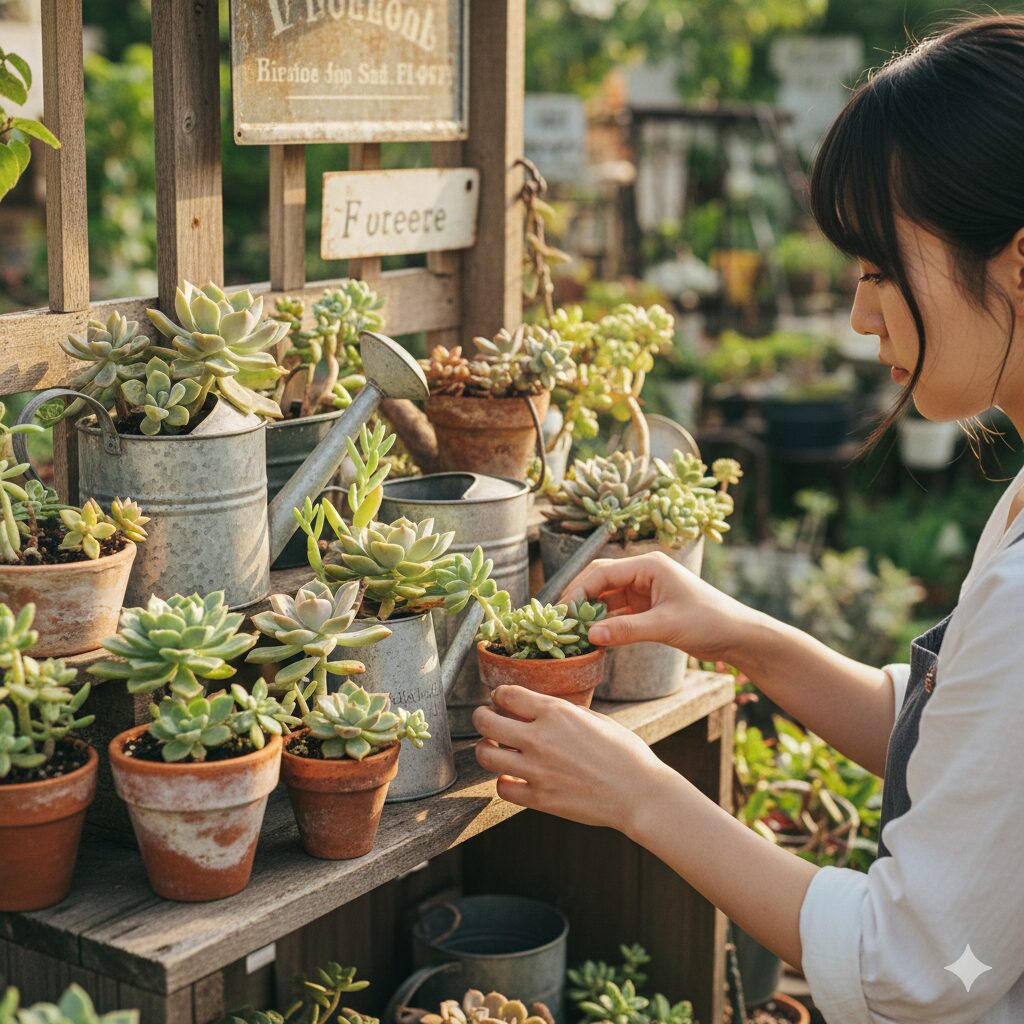 園芸店 ロベリア 通販8　ロベリア流のジャンクスタイルで仕立てられた多肉植物の寄せ植えとガーデン雑貨
