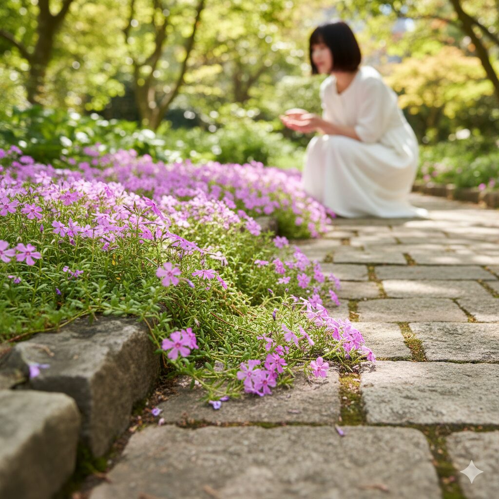 宿根 バーベナ 種類3　　石畳の隙間に根付いて自然な景観を作る踏圧に強いヒメビジョザクラ（テネラ）